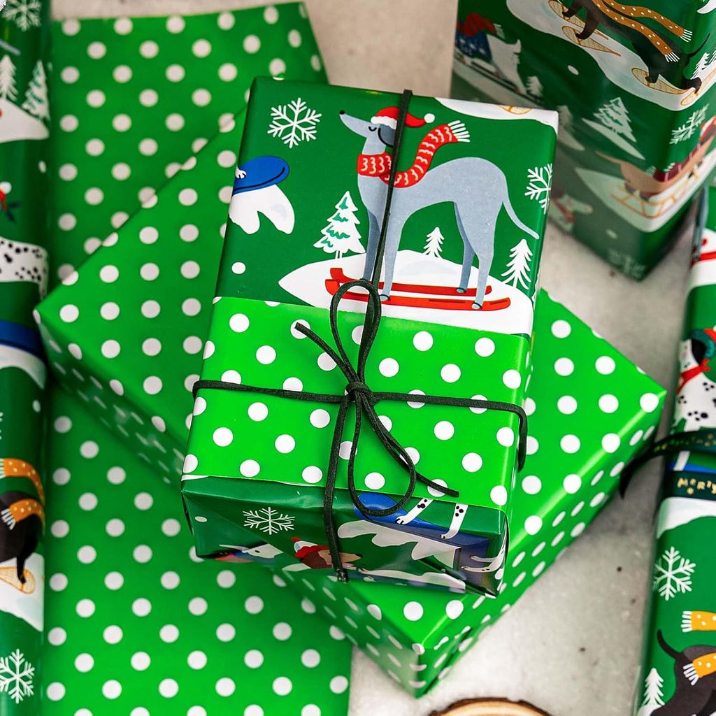 Reversible Christmas Wrapping Paper Roll - 43Cm X 10M Cute Green Presents Packing Paper - Funny Dog/Christmas Tree/Snowflakes/Polka Dots Design