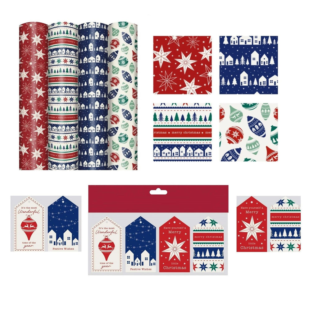 4 Rolls Scandi Christmas Wrapping Paper 4M Nordic Gift Wrap & 16 Matching Tags