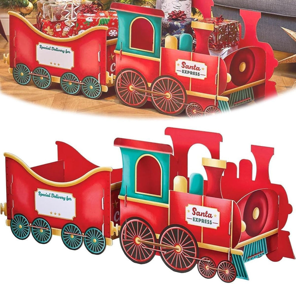 Santa Gift Train, Christmas Train Present, Whimsical Gingerbread-Style Christmas Cardboard Trains, Xmas Decoration Gifts Storage for Candy Stocking Stuffers (Red)