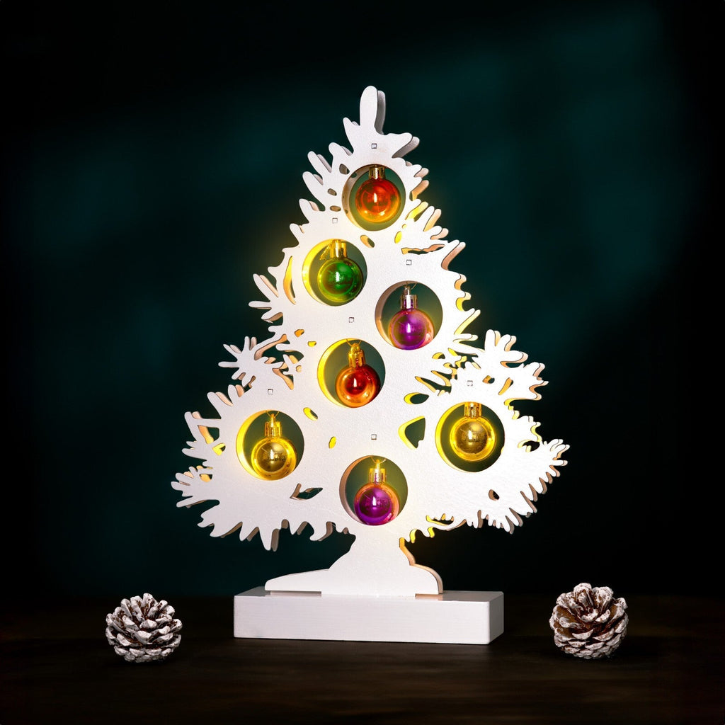 Christmas Tree Wooden Decoration with Baubles Light up Ornament White Small Xmas