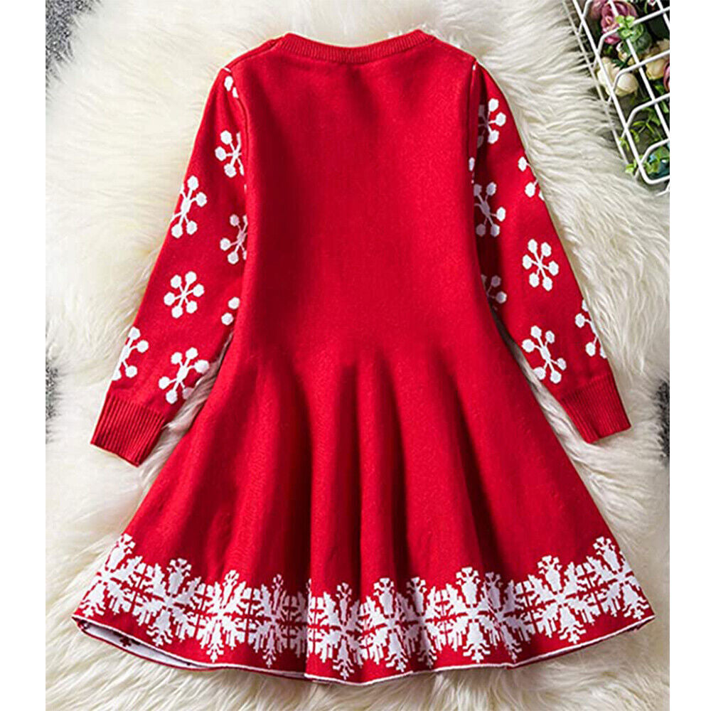 UK Kids Girls Christmas Elk Knitted Sweater Winter Warm Long Sleeve Jumper Dress