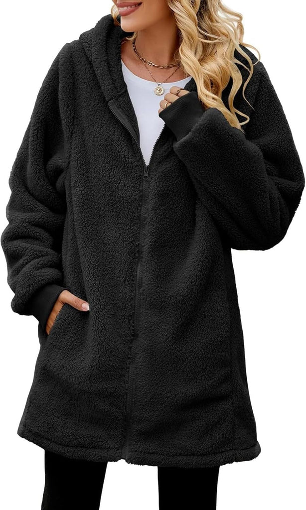Womens Plain Hoodie Winter Warm Sherpa Lined Zip up Hooded Sweatshirt Jacket Coat Cosy Soft Fleece Blanket with Pocket