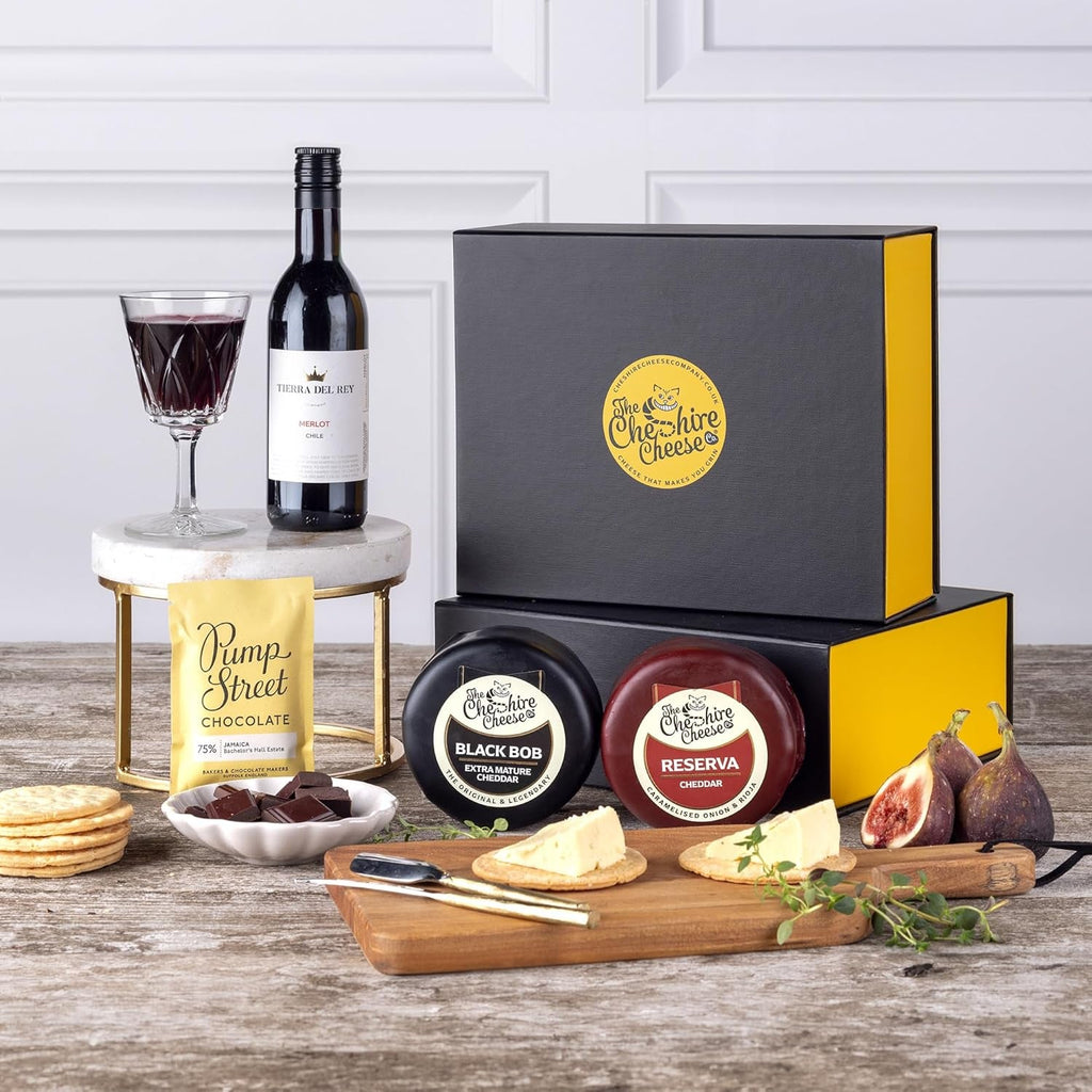 Indulgent Cheese, Wine and Chocolate Gift Set | Includes 2 Award Winning Cheeses, 1 Pump Street Co. Chocolate Bar, Bottle of Merlot Red Wine from