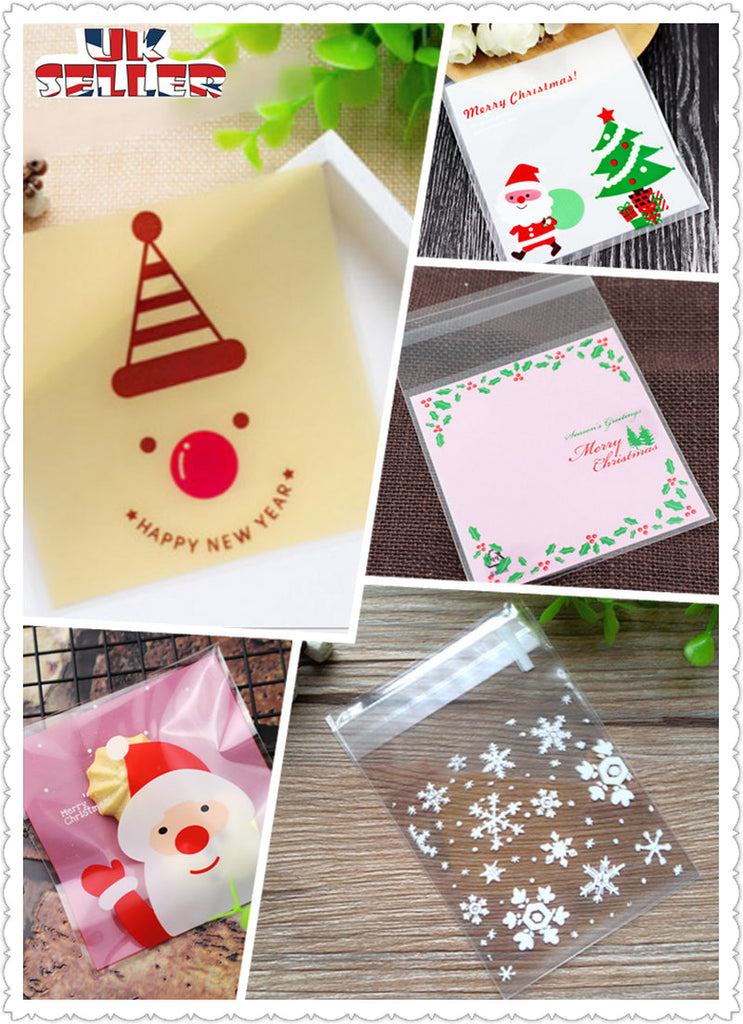 New Christmas 100Pcs Self Adhesive Bag Cookie Candy Gift Packaging Bags 10X10Cm