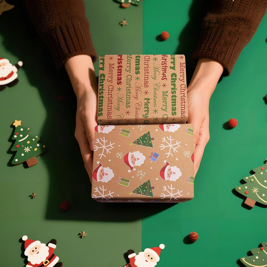 43Cm×10M Double-Sided Gift Wrapping Paper Roll, Recyclable Kraft Christmas Wrapping Paper Print with Santa Claus for Christmas Birthday Party Gift Decoration