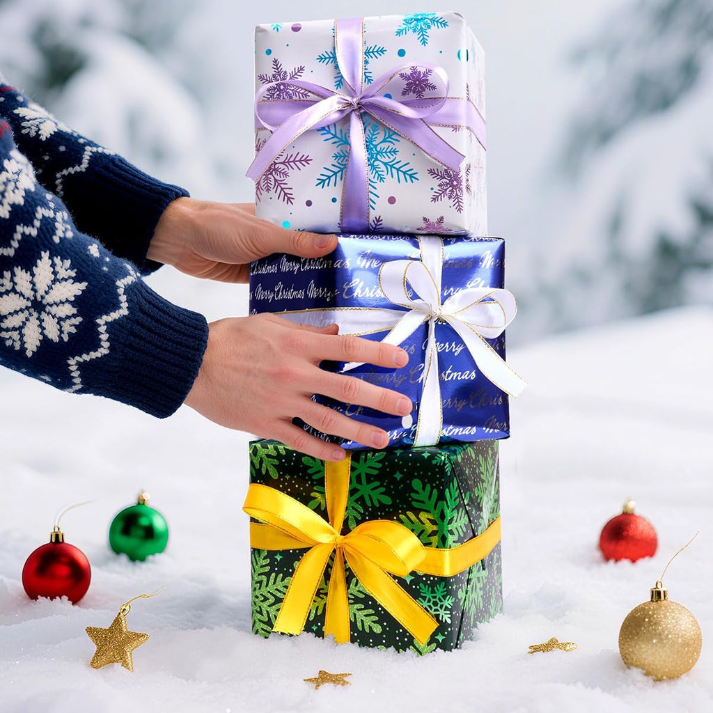 3 Rolls Gift Wrapping Paper for Christmas, 43Cm*3M Shine Wrapping Paper Print with Snowflake and “Merry Christmas”For Xmas, Birthday, Festival Party Gift Decoration