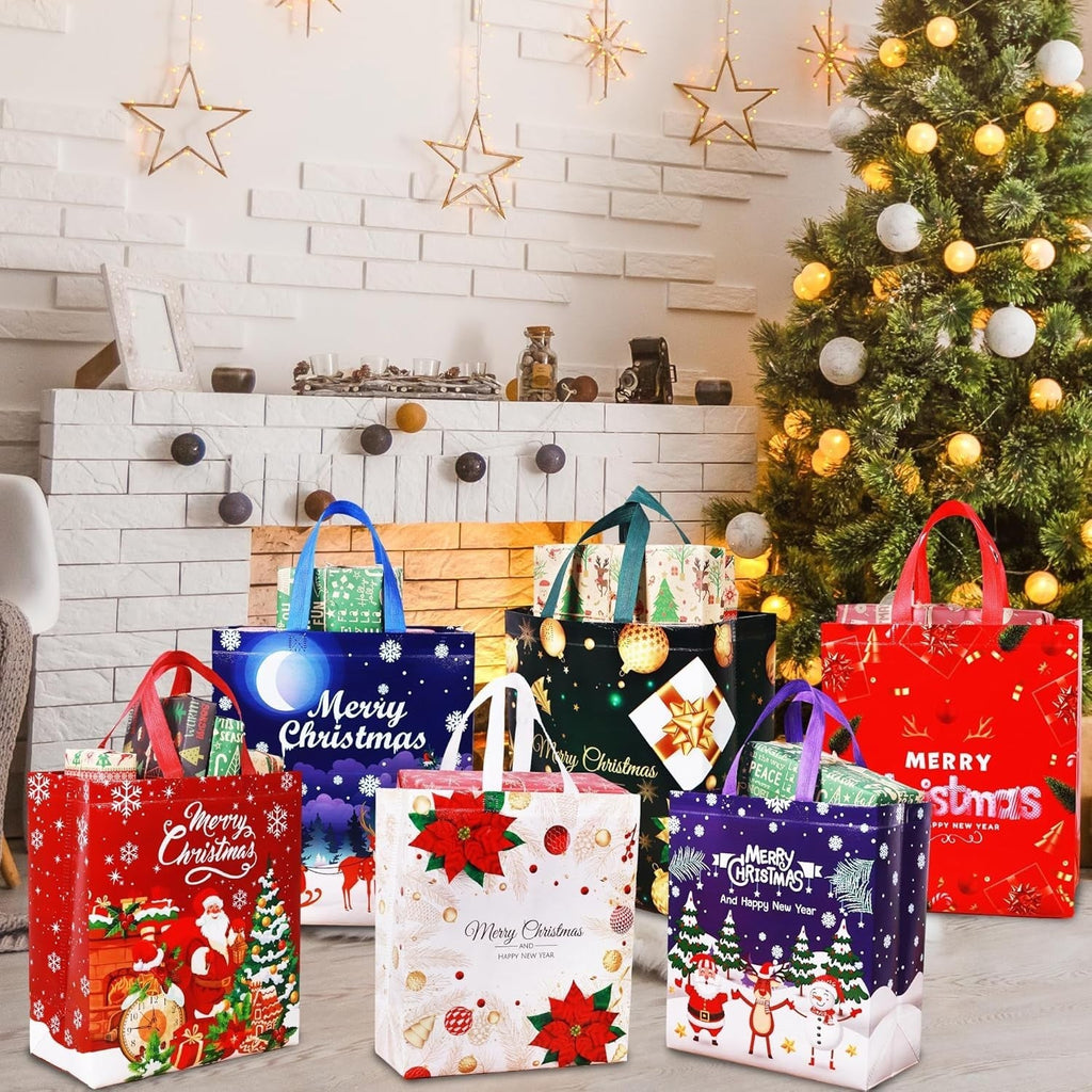 6 Pack Christmas Tote Bag, Extra Large Reusable Grocery Bag with Handle, Present