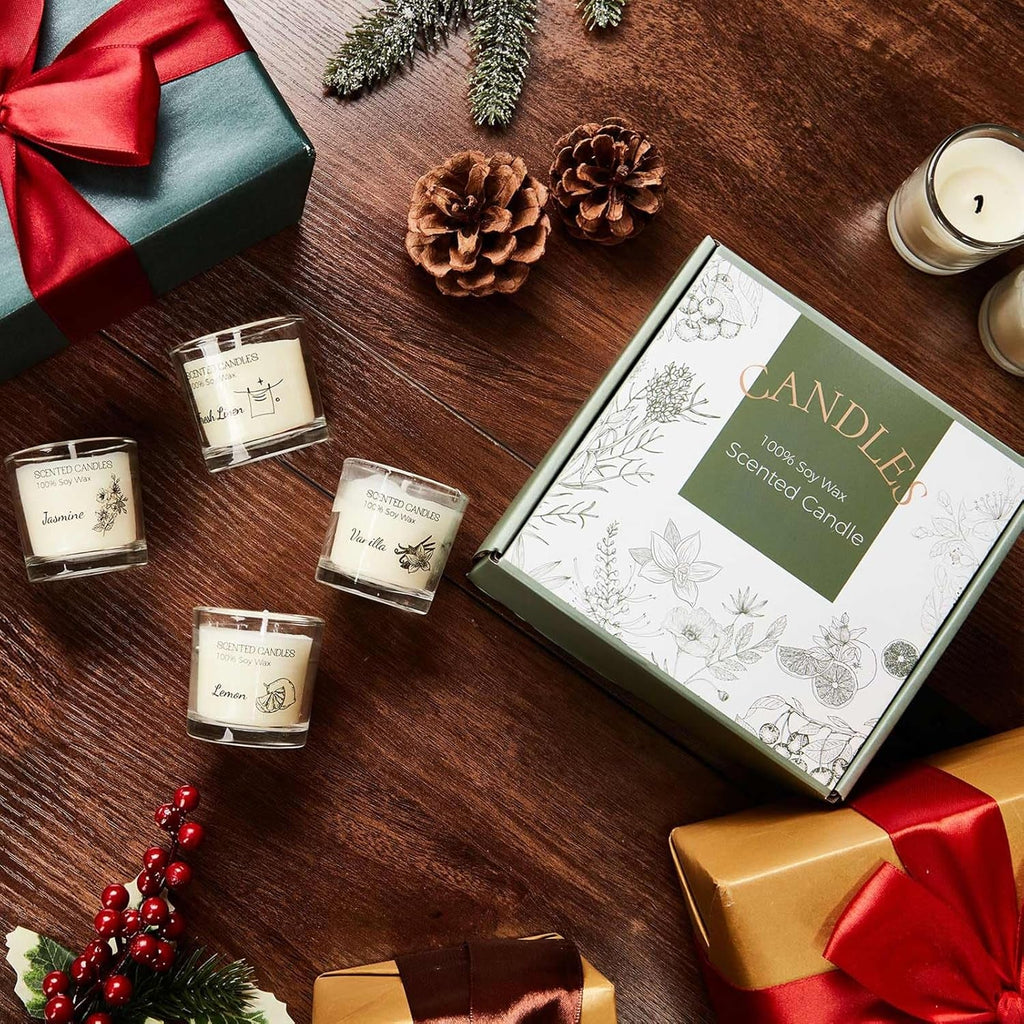 Scented Candles Gifts for Women, Votive Candles Set of Fresh Linen, Vanilla, Jasmine, and Lemon, Soy Wax Candle Gift Set for Birthdays, Weddings, Christmas