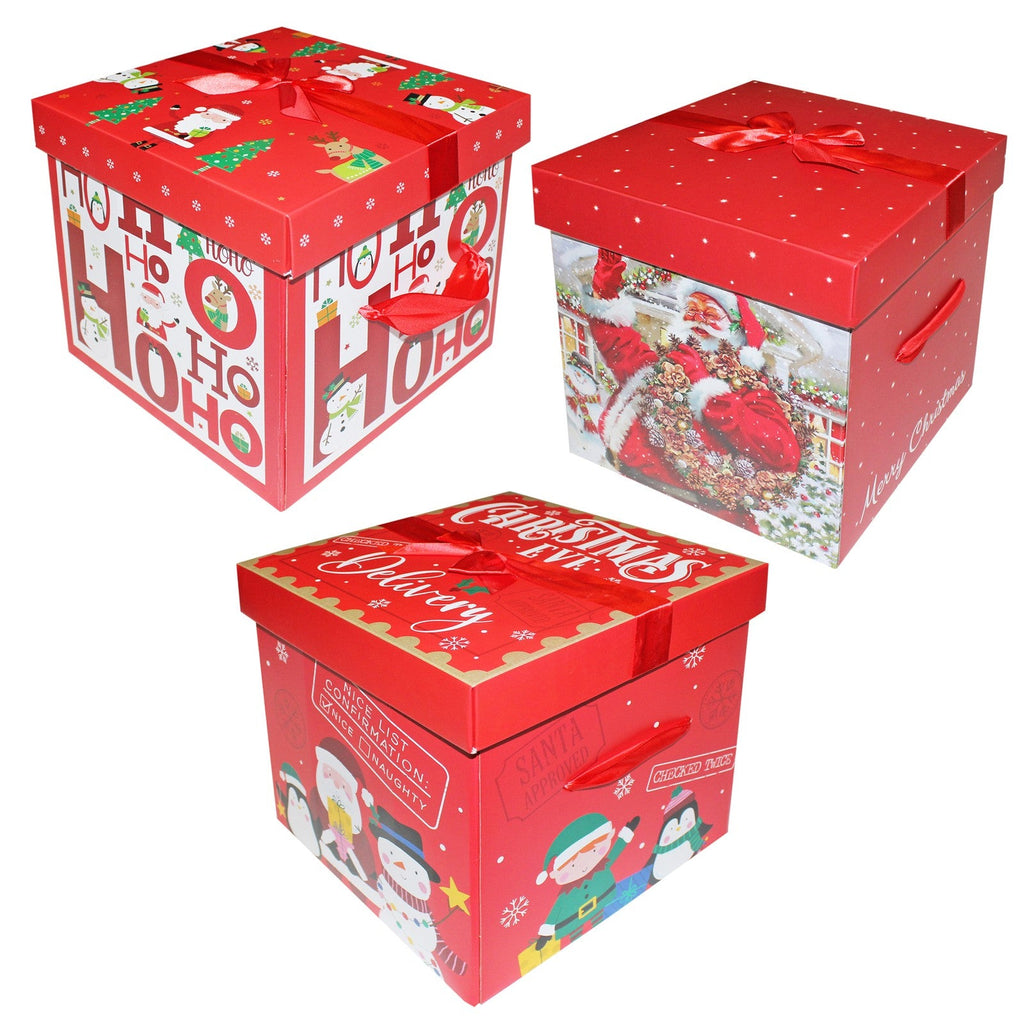 Christmas Eve Gift Box with Ribbon Bow 'Flat Pack' 28Cm X 27.5Cm - Choose Design