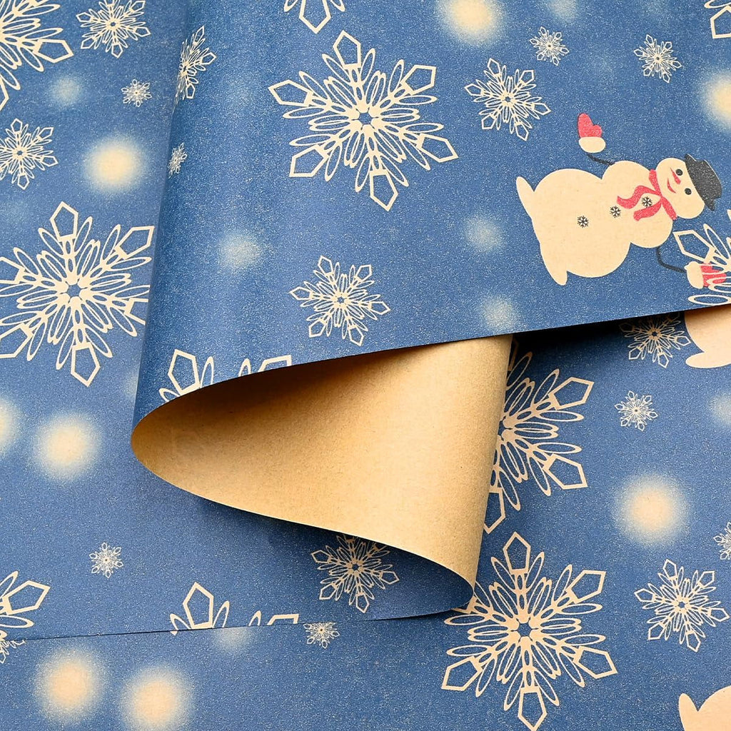 Wrapping Paper Roll, Roll of Christmas Gift Wrapping Paper Recyclable Kraft Paper, 15M X 43Cm Navy Blue Paper Printed with Star Snowflake Snowman for Christmas Gift Wrapping Party Decoration