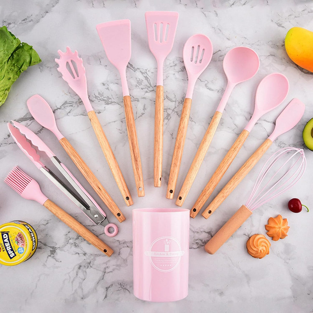 Kitchen Utensil Set, 12 PCS Silicone Cooking Utensils Set with Wooden Handle, Heat Resistant, Nonstick Cookware Tongs Spatula Spoon Set, Silicone Kitchen Utensils Set Suitable for Kitchen(Pink)