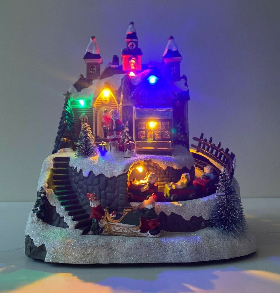 Christmas Village Scene Decoration Ornament with LED Lights Moving Train & Sound