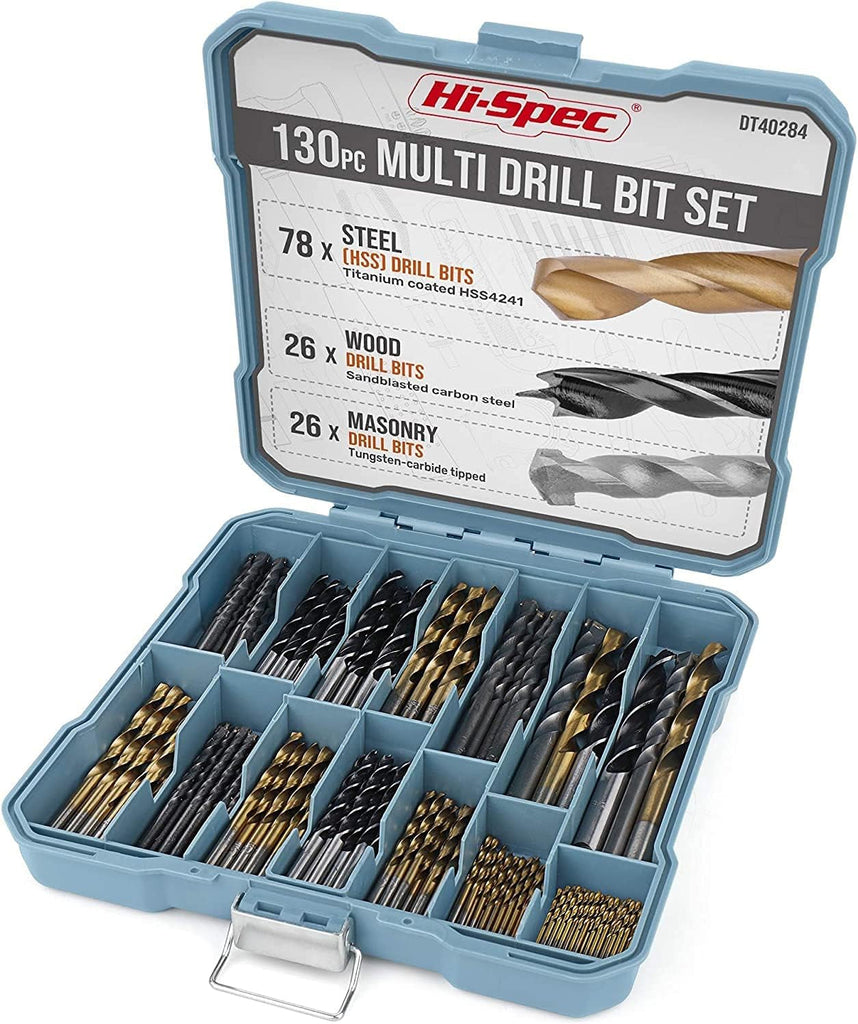 130Pc Mixed Multi Drill Bit Set. 1 to 10Mm HSS Titanium Coated, Masonry & Brad Point Steel Bits for Metal, Woods, Plastics, Brick and Concrete. Complete in a Box Case