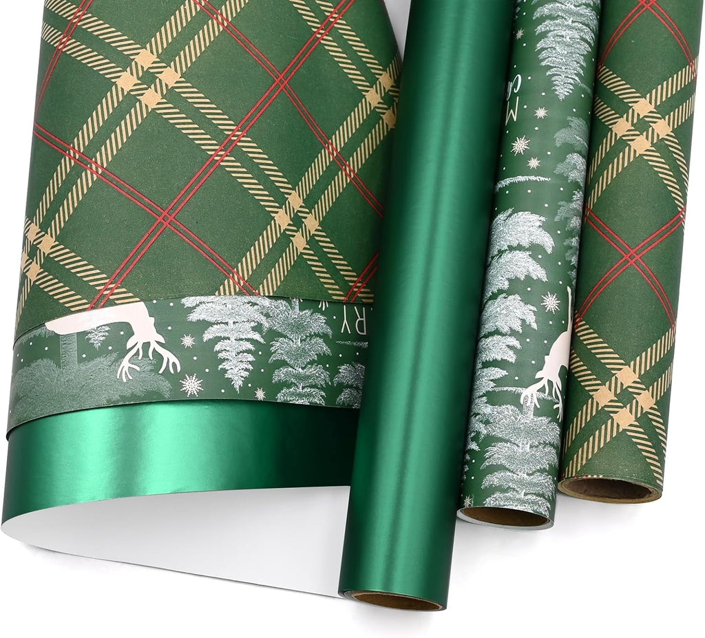3 Rolls 43Cm * 3M Christmas Wrapping Paper, Xmas Wrapping Paper Rolls,  Recyclable Wrapping Paper Green for Festival Xmas Decoration