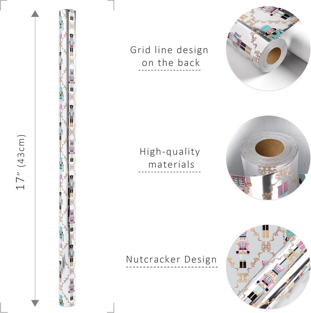 Christmas Foil Wrapping Paper - Mini Roll, Pink Nutcracker Gift Wrap for Christmas, Holiday, Xmas Party Celebration, 43Cm X 10M