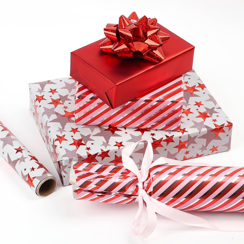Red Metallic Wrapping Paper Rolls, 3 Rolls 43Cm X 3M, Red Gift Wrap Paper Roll with Star Stripe Pattern for Christmas, Birthday, Wedding