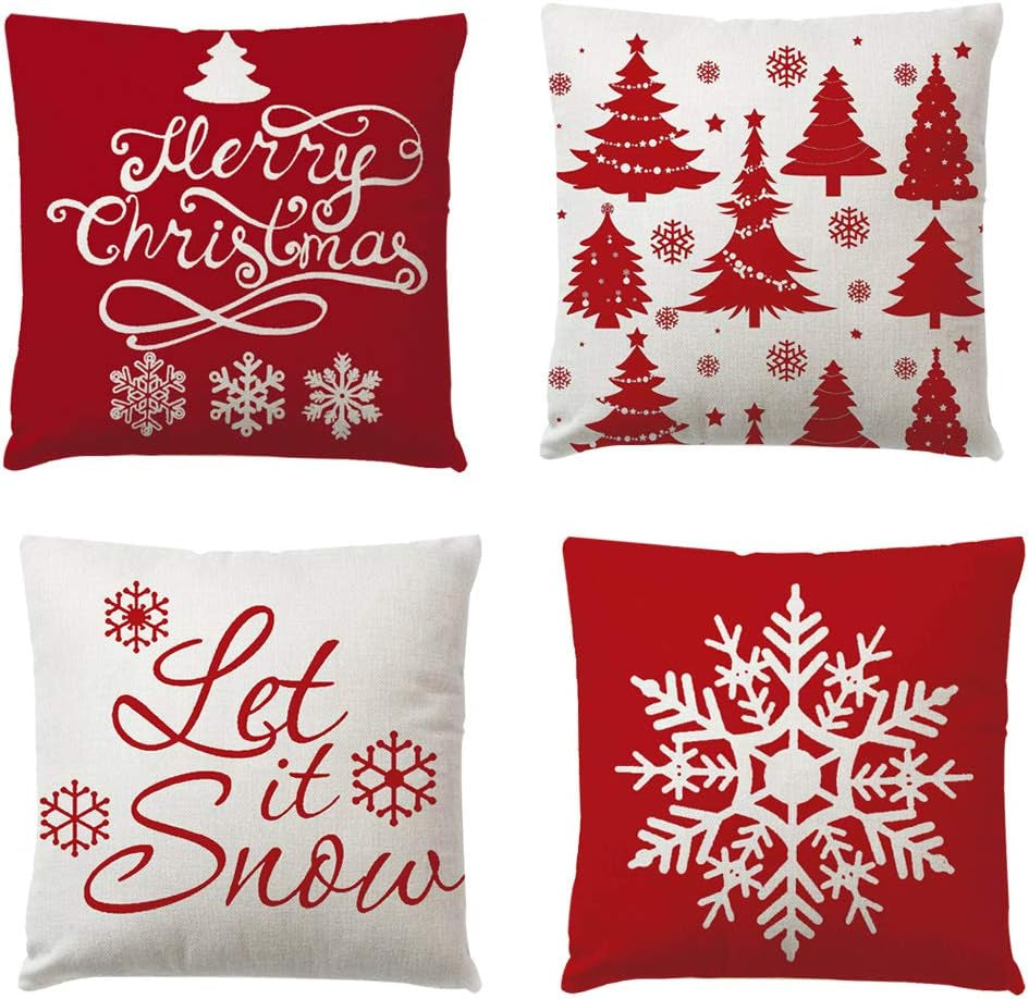 Christmas Decorations Pillow Covers 4 Pack, Christmas Tree Snowflake Reindeer Sa