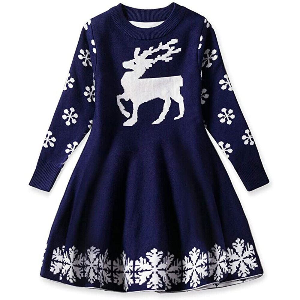 UK Kids Girls Christmas Elk Knitted Sweater Winter Warm Long Sleeve Jumper Dress