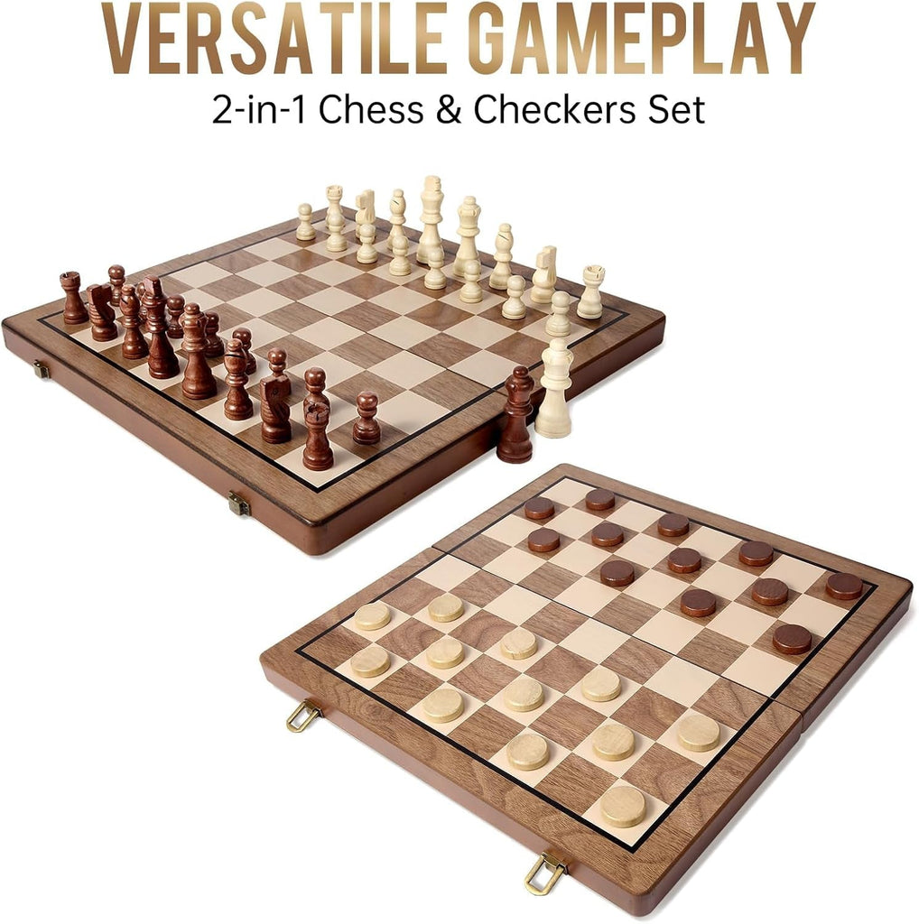 Chess Set, 15'' Magnetic Wooden Chess Board, Travel Chess Set for Adults & Kids, 2-In-1 Chess and Checkers Board Game