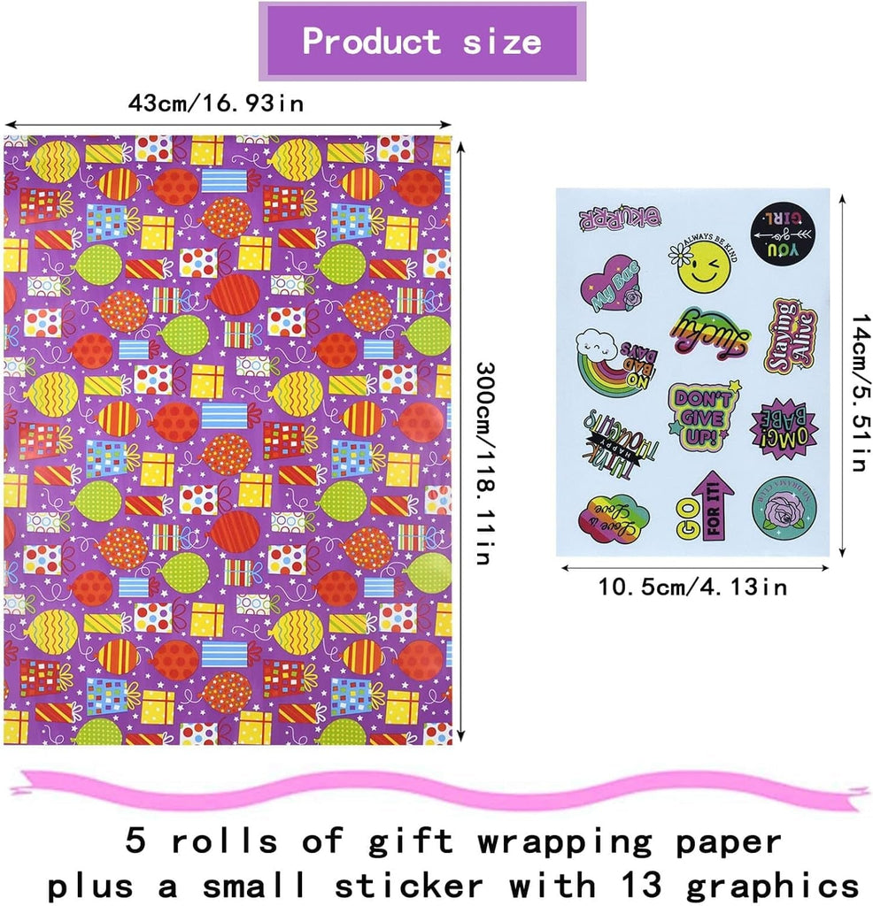 5 Roll Package Gift Wrapping Paper, 43Cm * 3M - Perfect for Birthday, Wedding, Party, Valentine'S Day Gift Decorations