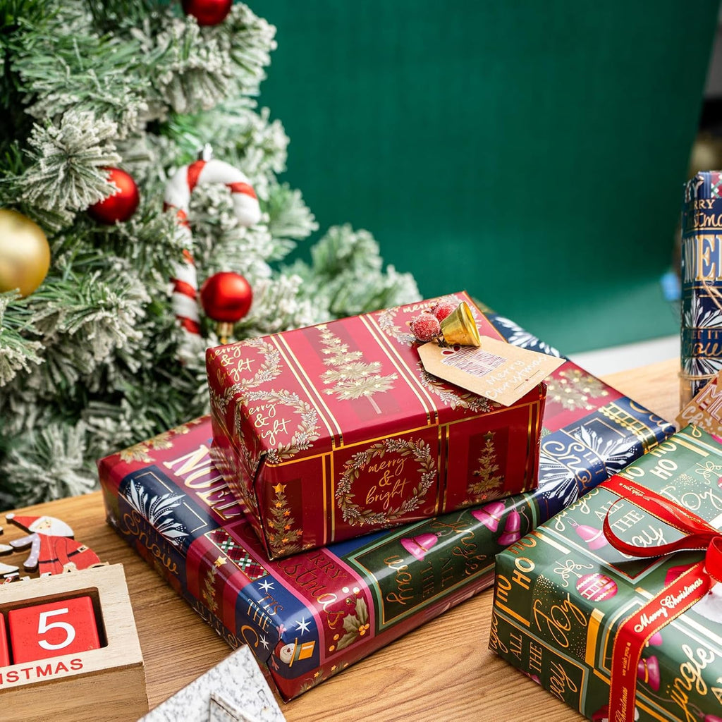 Christmas Wrapping Paper - Santa Claus, Snowman, Christmas Tree and Bell Design - 4 Rolls - 43.5X305 Cm per Roll