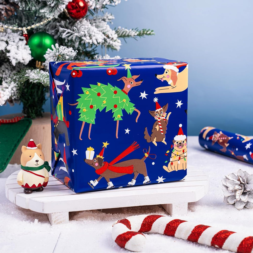 Dog Christmas Wrapping Paper - Mini Roll - 43.2Cm X 5M - Adorable Christmas Dog Wrapping Paper for Xmas, Party Celebration