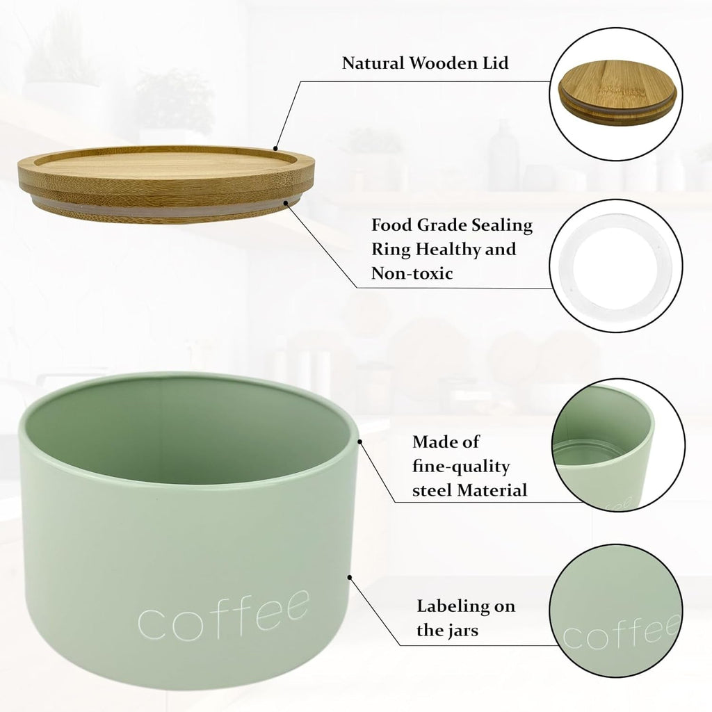 3 Pieces Jar with Wooden Lid Tea Coffee Sugar Canister Storage Container Bowl Pots Kitchen Storage Tins (Sage)