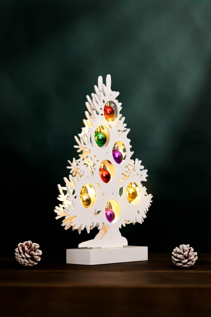 Christmas Tree Wooden Decoration with Baubles Light up Ornament White Small Xmas
