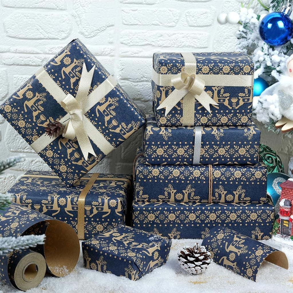 Christmas Wrapping Paper Roll, 43CM X 15M Navy Blue Vintage Xmas Wrapping Paper