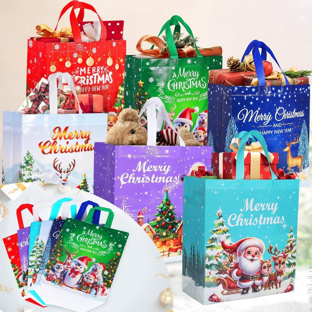 6 Pack Christmas Tote Bag, Extra Large Reusable Grocery Bag with Handle, Present