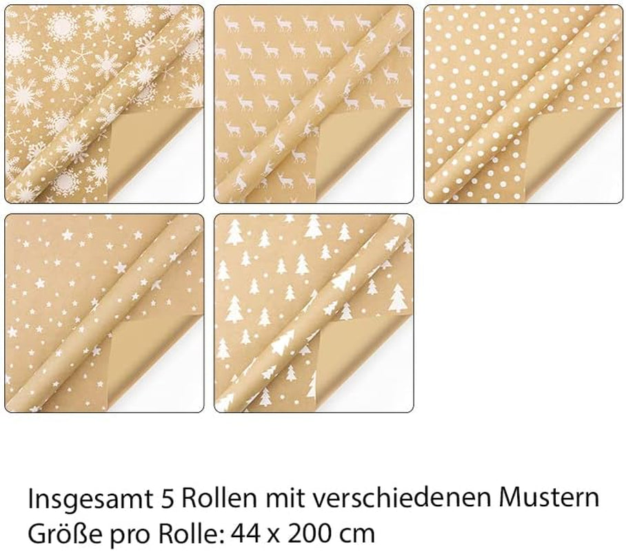 5PC 44*300CM Christmas Wrapping Paper Rolls Bundle, Gift Wrapping Paper Set, ...