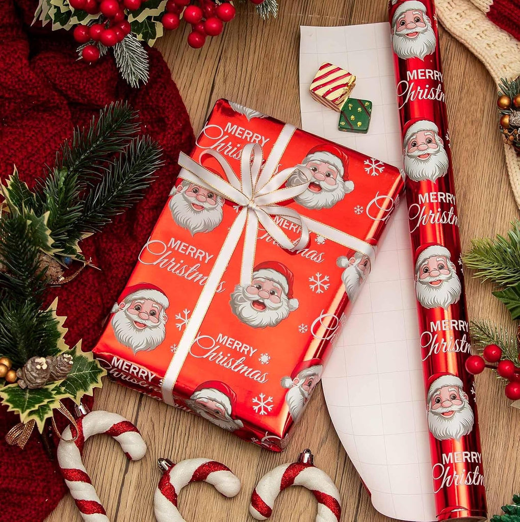 Christmas Wrapping Paper Roll - 43Cm X 10M Red White Metallic Foil Shine Cute Present Packing Paper - Santa Claus/Snowflakes/Merry Christmas Lettering Design