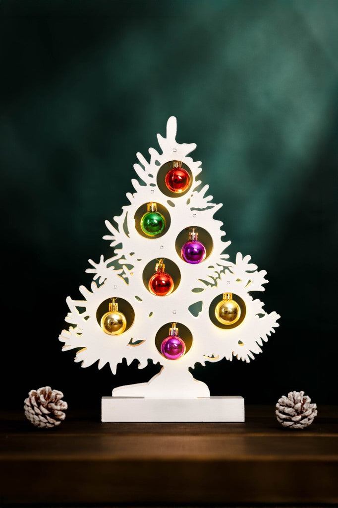 Christmas Tree Wooden Decoration with Baubles Light up Ornament White Small Xmas