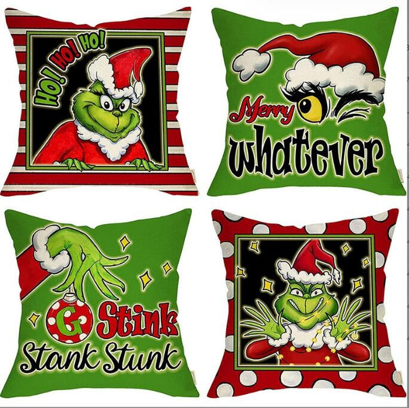 Pack of 4 Christmas Decor Cushion Covers Christmas Grinch Pillow Covers