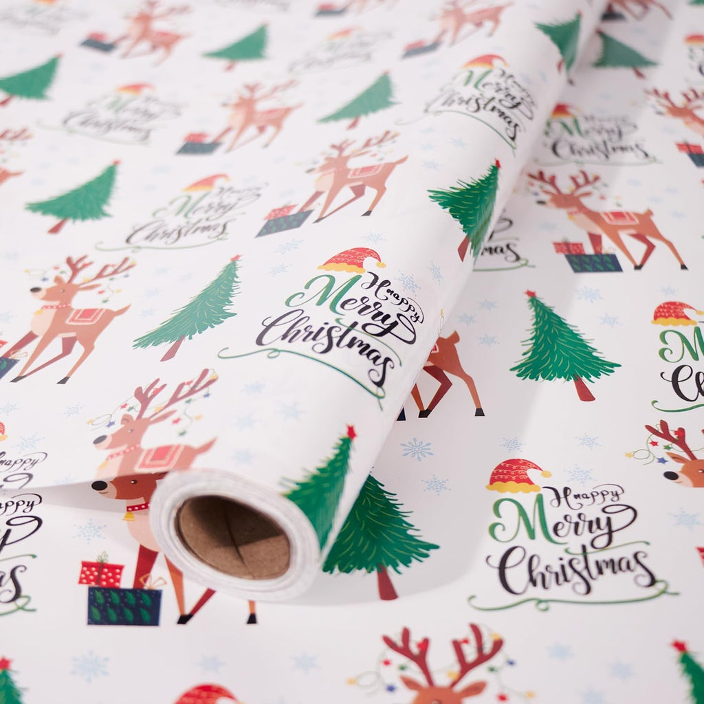 Christmas Wrapping Paper Roll,43Cm*12M Christmas Elements Collection Paper for Xmas Present (White and Green)