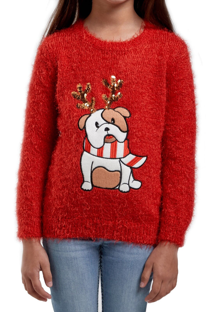 Christmas Jumper Kids Girls Cute Bull Dog Xmas Knit Sweater Pullover Red