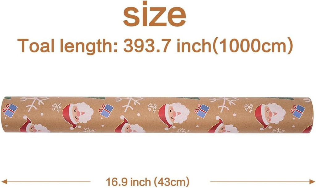 43Cm×10M Double-Sided Gift Wrapping Paper Roll, Recyclable Kraft Christmas Wrapping Paper Print with Santa Claus for Christmas Birthday Party Gift Decoration