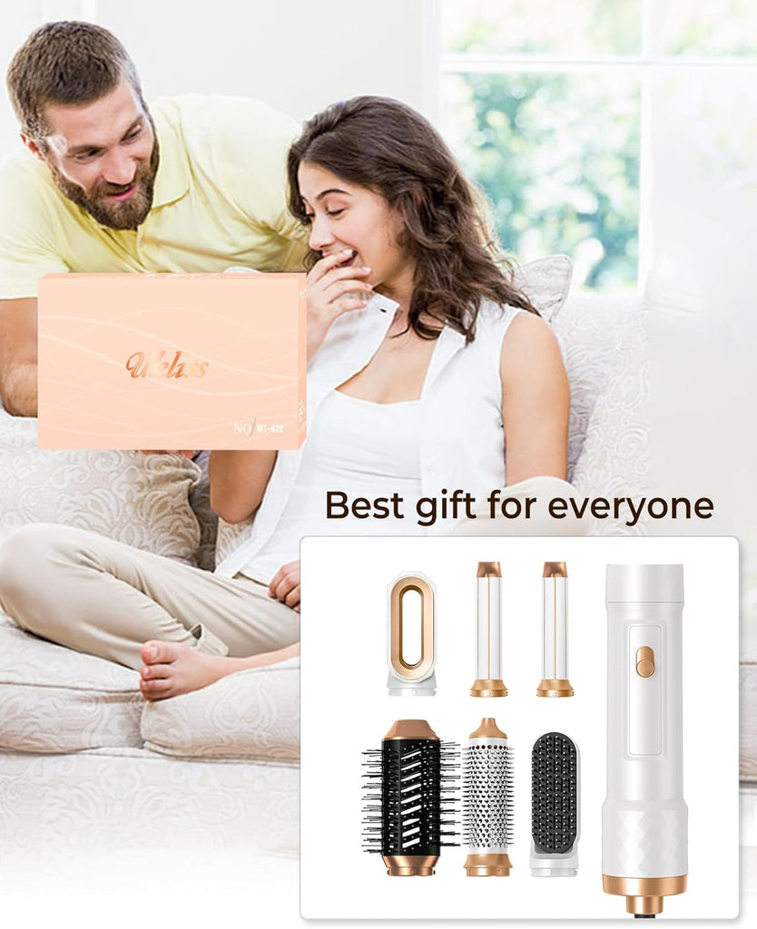 6 in 1 Hair Styler,  Hair Dryer Brush with Automatic Hair Wrap Curler, Thermal Brush, Hot Airbrush Airstyler, Hair Straightener, Magic Styler Gift Set for Women Volume, Curls, Styling - White