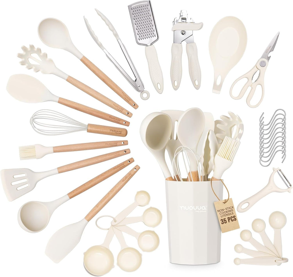 Kitchen Non Stick Cooking Utensils Set – Heat Resistant Silicone Utensils with Wooden Handle – Ladles, Spoons and Spatulas Set – Kitchen Tools & Accessories – 35Pcs, Cream – by