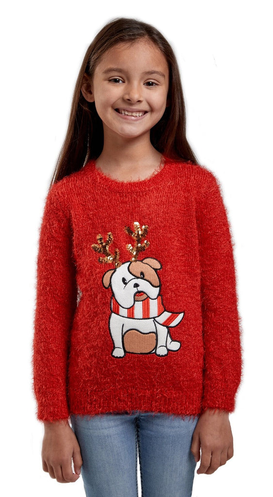 Christmas Jumper Kids Girls Cute Bull Dog Xmas Knit Sweater Pullover Red