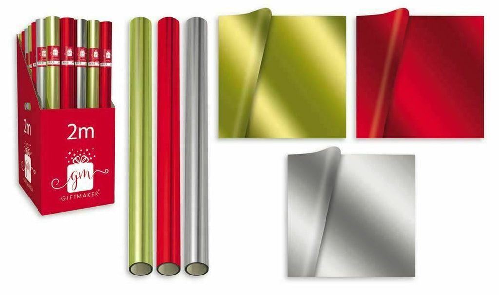 Christmas Plain Metallic Foil Gift Wrapping Paper Roll Silver Red Gold 3 X 1.5M