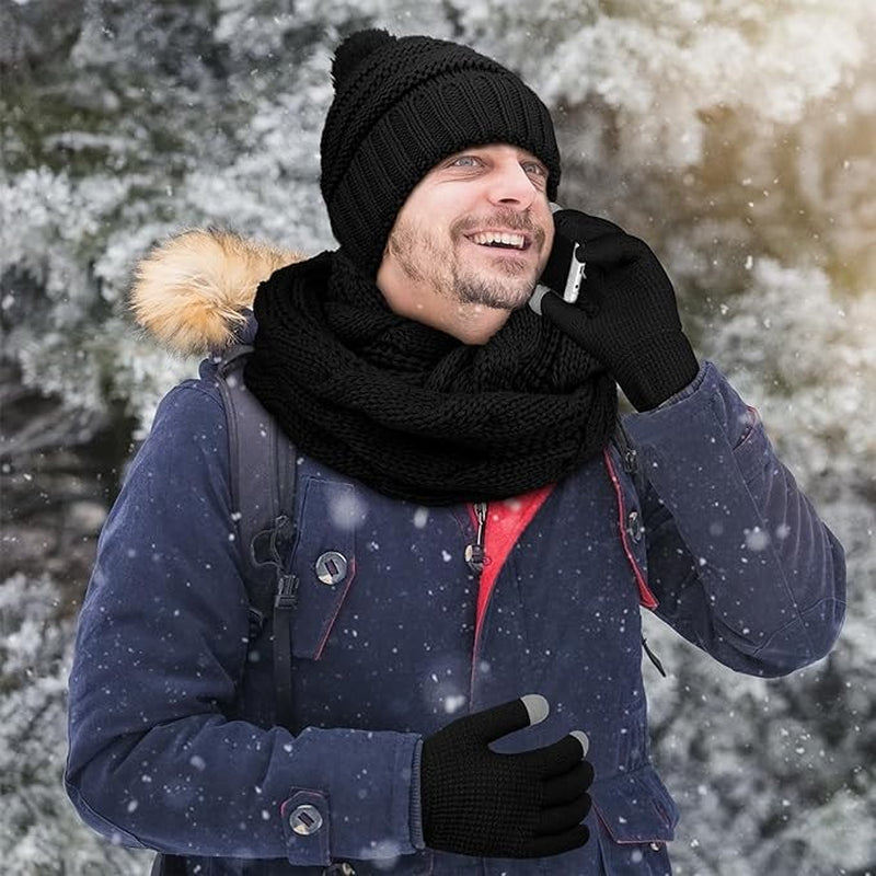 Womens Menthick Knit Hat Scarf Set and Knitted Touchscreen Warm Gloves Winter