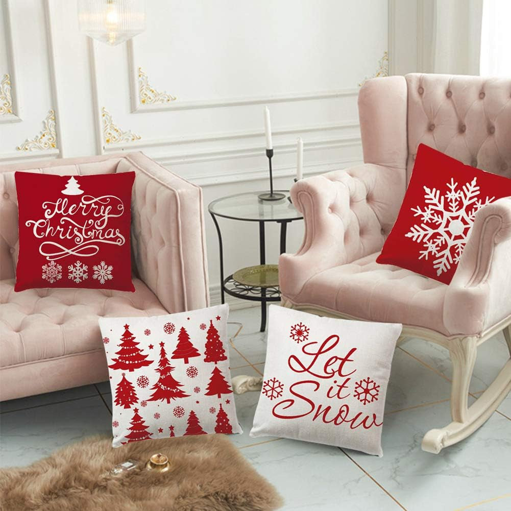 Christmas Decorations Pillow Covers 4 Pack, Christmas Tree Snowflake Reindeer Sa