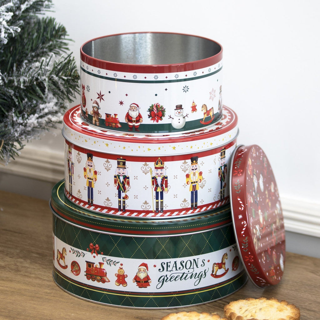 3Pc Festive Christmas Nesting Cake Tins Set Metal Xmas Kitchen Baking Storage