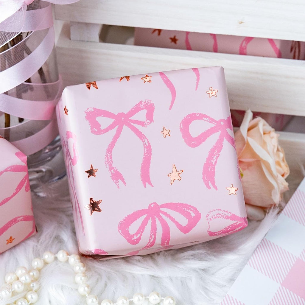 Cute Wrapping Paper, Pink Bow and Plaid Design Reversible Gift Wrap Paper Roll for Valentines Day, Mothers Day, Wedding, Baby Girl Birthdays, Christmas - 43Cm X 10M