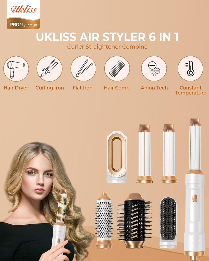 6 in 1 Hair Styler,  Hair Dryer Brush with Automatic Hair Wrap Curler, Thermal Brush, Hot Airbrush Airstyler, Hair Straightener, Magic Styler Gift Set for Women Volume, Curls, Styling - White