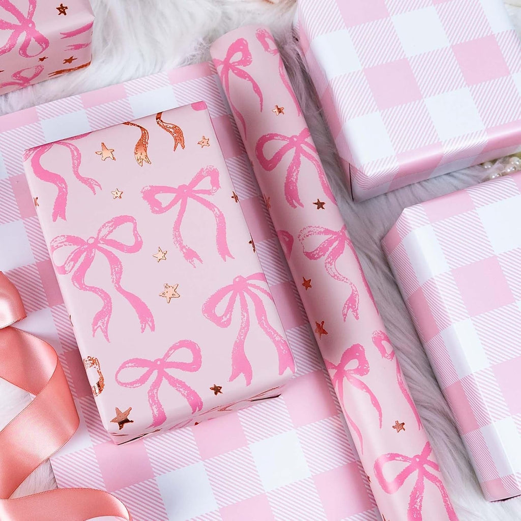 Cute Wrapping Paper, Pink Bow and Plaid Design Reversible Gift Wrap Paper Roll for Valentines Day, Mothers Day, Wedding, Baby Girl Birthdays, Christmas - 43Cm X 10M
