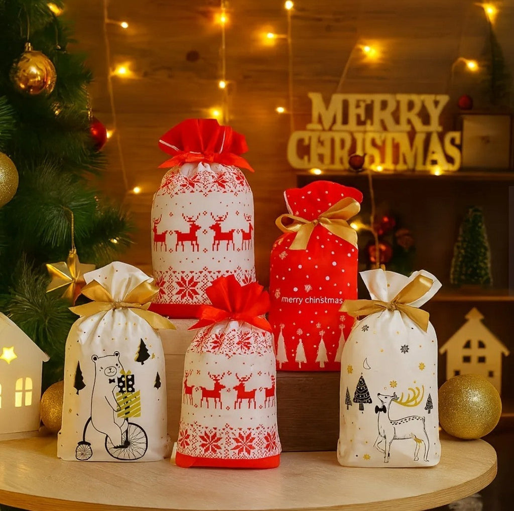 10X Christmas Gift Bag Candy Party Santa Sack Sweet Treat Drawstring Goody Bag