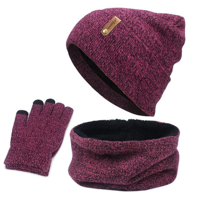 New Winter Warm Fleece Lined Knitted Beanie Hat Scarf Gloves Set for Women Men