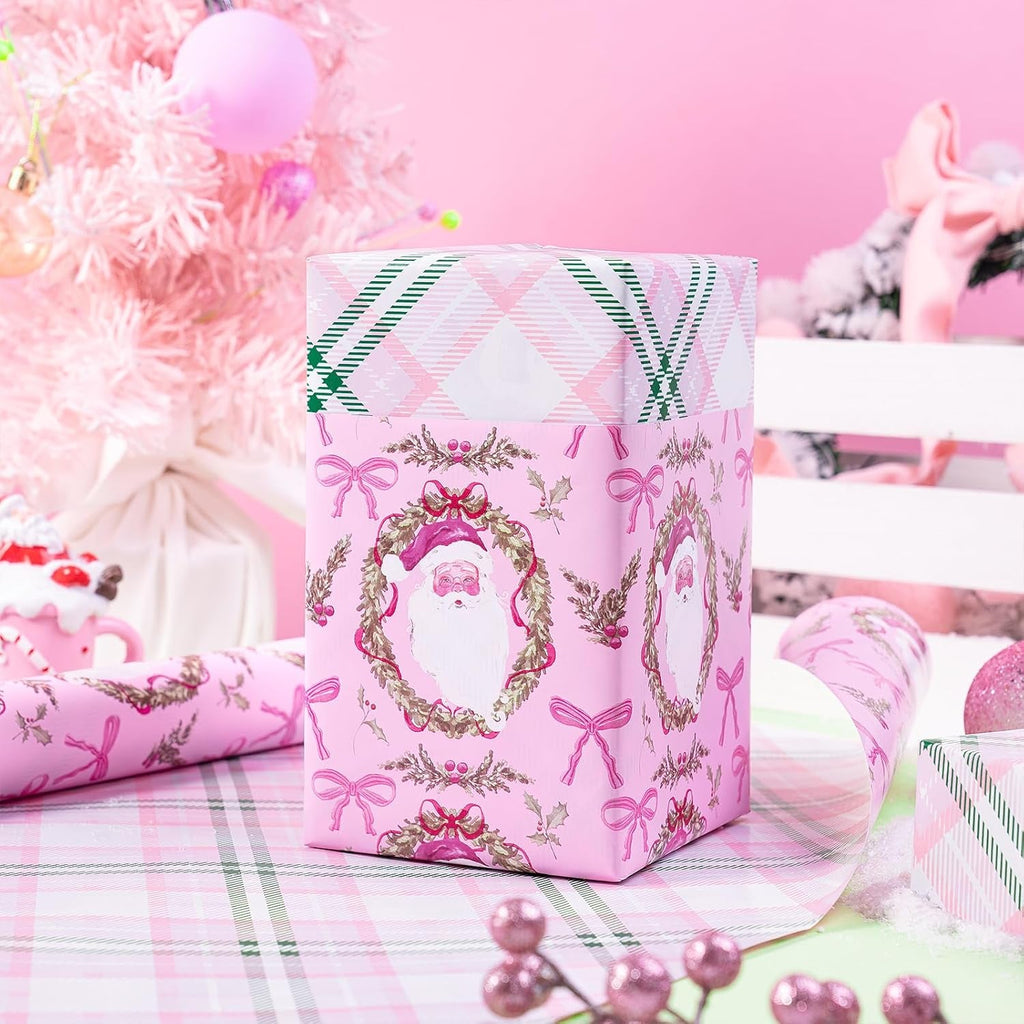 Christmas Reversible Wrapping Paper Roll for Girls, Mini Roll, Pink Santa Claus, Floral Wreath, Bow Design, Green Pink Plaid Gift Wrap Paper Perfect for Gifts, 43.2Cm X 10M